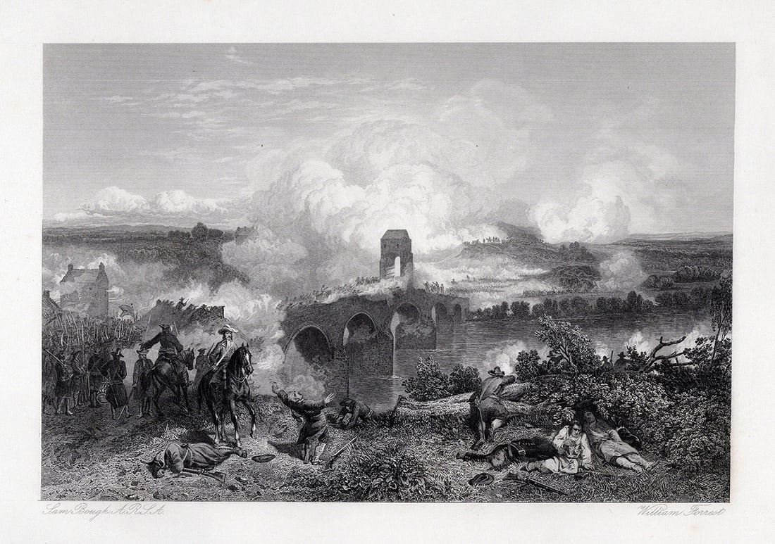 SAMUEL BOUGH SIGNED 1800s Engraving Bothwell Bridge Battle FRAMED: Samuel Bough (English,1822-1878). The Battle of Bothwell Bridge. Antique Engraving on wove paper by master engraver William Forrest (British, 1805-1899). Year: 1869. Signed in the plate. Image size 6