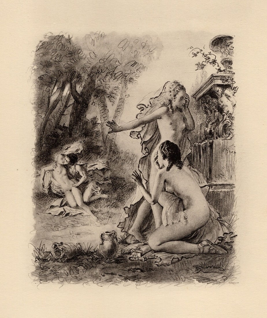 Original 1947 Paul-Emile Becat Limited Lithograph False Modesty Framed: Paul-emile Becat (French, 1885 - 1960). Twelfth Kiss, False Modesty I (Douzieme Baiser, la Fausse Pudeur I). Original color lithograph on velin paper. Year: 1947. Numbered limited edition. This is