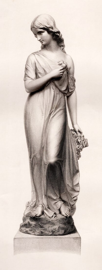 Matthew NOBLE Antique Engraving PURITY Framed: Matthew Noble (British, 1817 - 1876). Purity. Antique engraving after the original sculpture by master engraver William Callis Roffe (British, 1817-1902). Year: 1859. Image Size 2 3/8 x 8 1/4 inches.