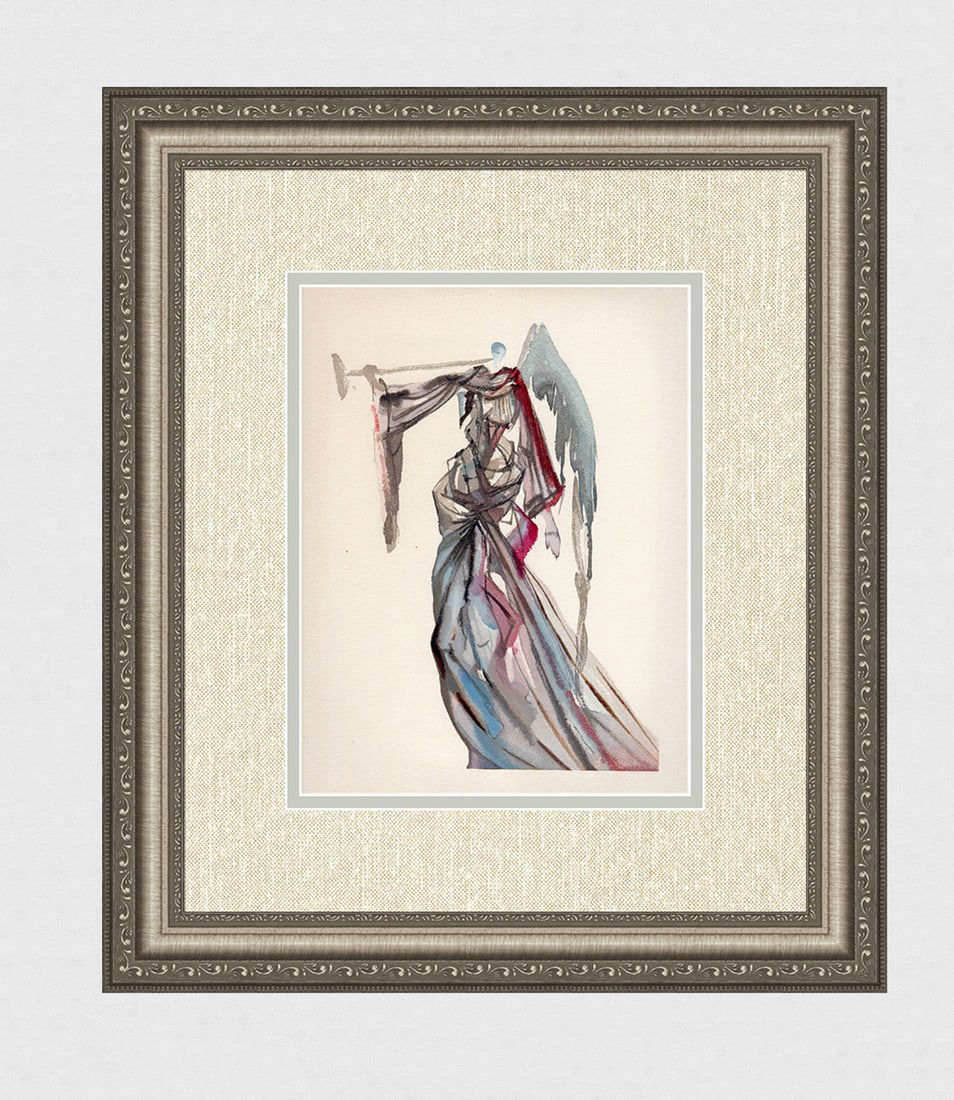 1960 Salvador Dali Angel Sun Authentic Woodcut: Salvador Dali. (1904-1989). "The Angel of the Sun" Paradise Canto 10. Authentic Original Color Woodcut from The Divine Comedy Printed in 1960 on B.F.K. Rives Paper ( this is not a reproduction, copy,