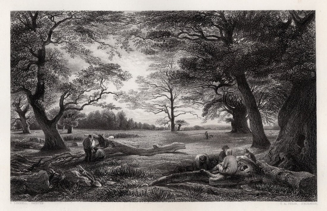 1851 JOHN LINNELL Engraving Traquil Windsor Forest Framed Signed: John Linnell (English, 1792-1882). Wood cutting in Windsor Forest. Antique engraving on wove paper after the original by master engraver Thomas Abiel Prior (British, 1809-1886). Year: 1851. Signed in