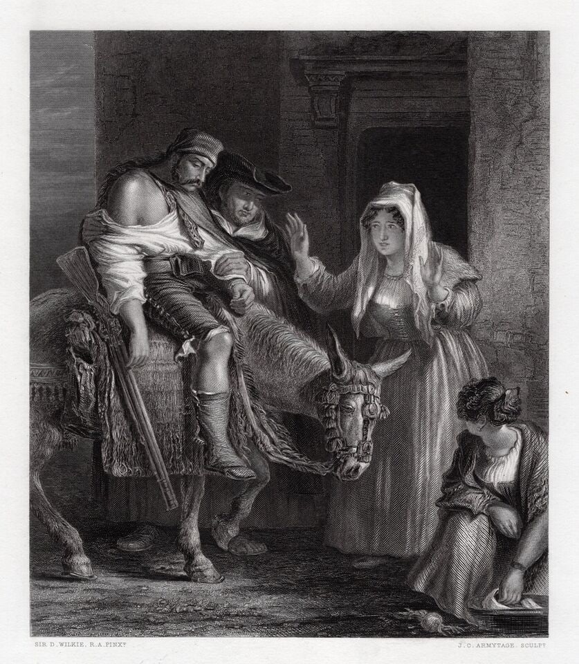 David Wilkie 1800s Engraving The Guerilla's Return Framed Signed: Sir David Wilkie (Scottish, 1785-1841). The Wounded Guerilla. Antique engraving on wove paper after the master engraver John Carr Armytage (British, 1802-1897). Year: 1861. Signed in the plate. Image