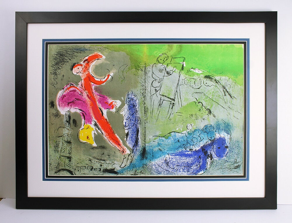 1952 Original MARC CHAGALL Lithograph Vision of Paris M81: Marc Chagall (1887-1985). Vision of Paris (Reference Mourlot 81). Original Color Lithograph on Wove Paper with original Black and White lithographs on reverse as issued (Arc de Triomphe and Black Sun