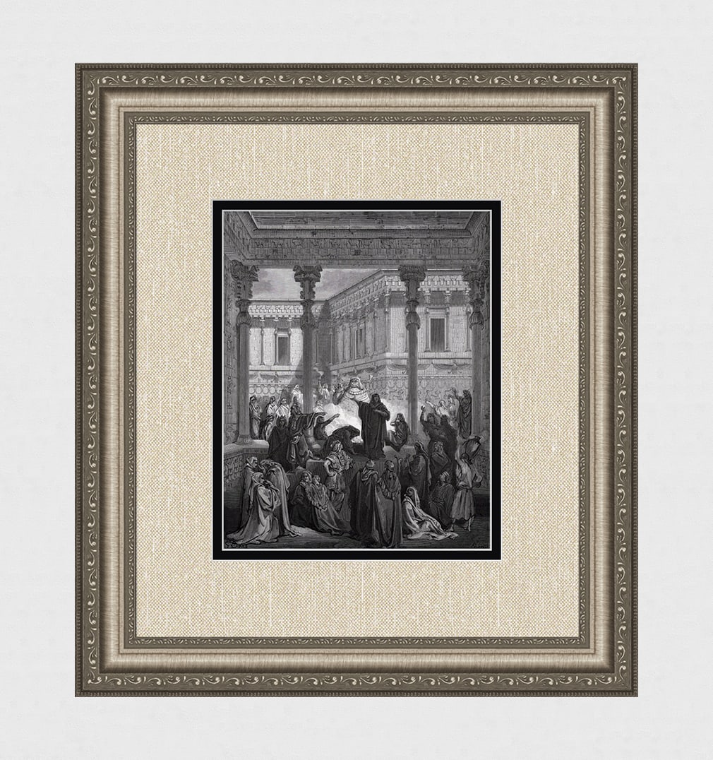 Gustave DORE 1800s Biblical Woodcut Daniel & the Priests of Bel Framed Signed: Gustave Dore (Paul Gustave Louis Christophe Dore) (French, 1832-1883). Daniel Confounds the Priests of Bel (from Dore's Bible). Antique woodcut wove paper after the original by a master wood engraver