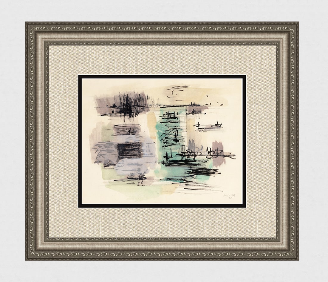 Jean Bazaine 1958 Pochoir Framed "Landscape in Fog": Jean Bazaine (1904 - 2010). "Landscape in Fog." Pochoir on wove paper. Year: 1958. Signed and dated in the plate. Printed by Moulot. Published in Paris by San Lazzaro. Sheet Size c. 9 1/2 x 12 3/8