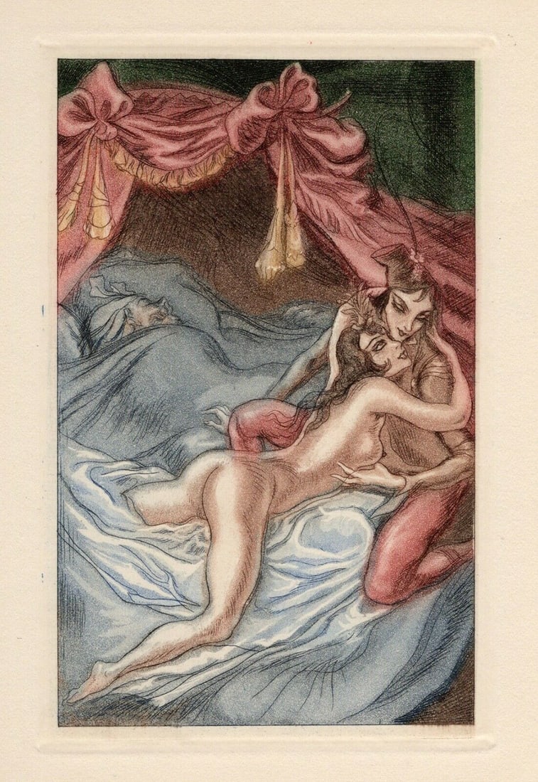 Nicolas Sternberg 1930 Color Engraving "Lovers" Limited Framed: Nicolas Sternberg (Hungarian, 1901-1960). Late Night Lovers. Original color aquatint engraving on wove paper. Year: 1930. Limited to 3300. Image Size 3 5/8 X 5 3/8 inches. Framed dimensions approximat