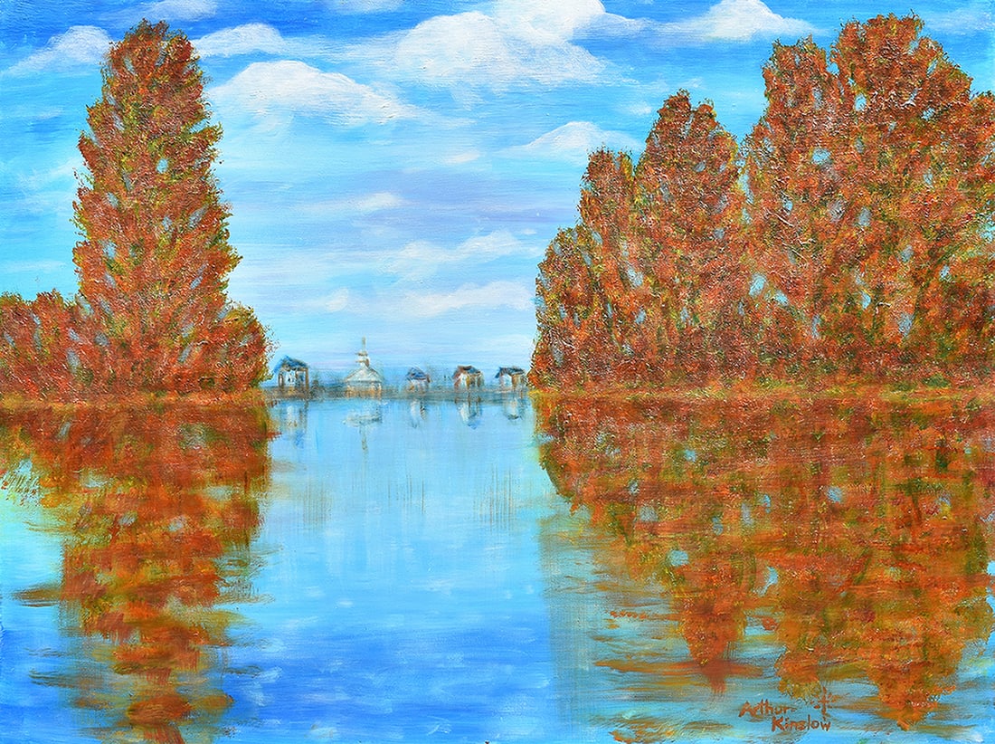 Arthur Kinslow Original Painting Lakeside Ruins 30 x 40 inches: Arthur Kinslow ( American, 1955 - ). Lakeside Ruins in Autumn. Original Acrylic on Canvas. Signed by the artist lower right. Canvas Size 30 x 40 inches. Arthur Kinslow has been involved in art his ent