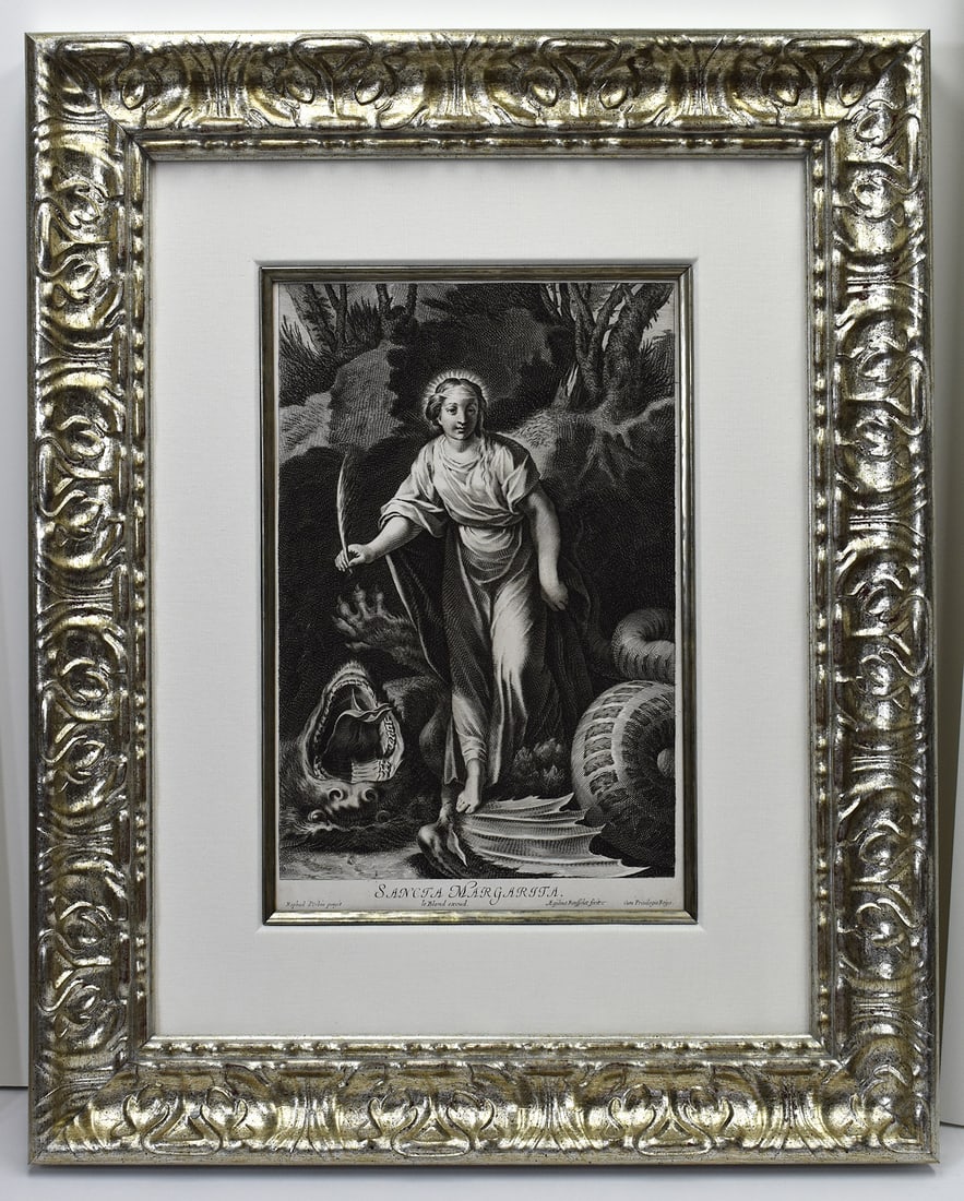 Raphael Patron Saint Pregnant Women Etching with Engraving 1655/85: Raphael (1483-1520). Sancta Margarita (Saint Margaret of Antioch). Antique etching and engraving on laid paper after the original by master etcher/engraver Gilles Rousselet. Year: 1655 - 1685. Signed