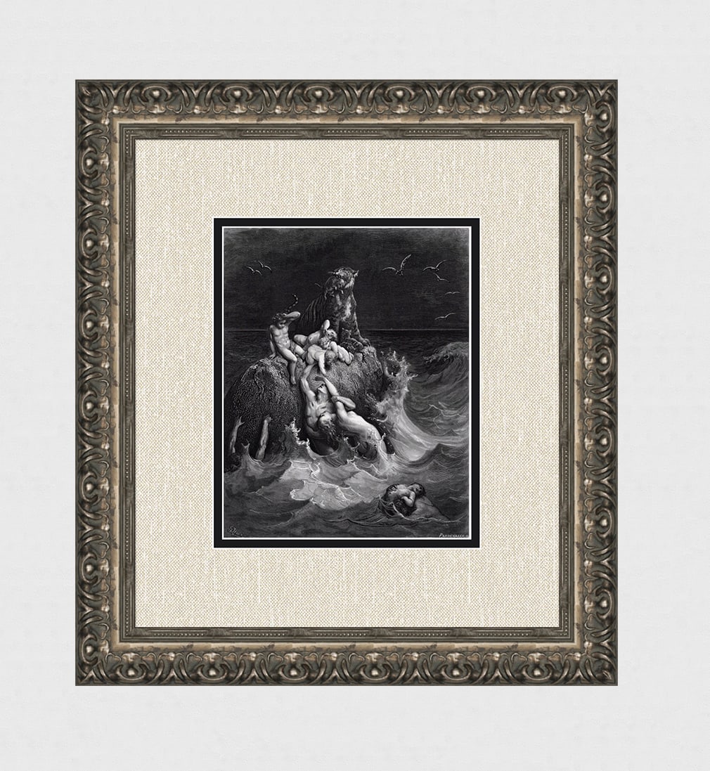 1800s Gustave Dore GENESIS Wood Engraving THE GREAT FLOOD Signed Framed: Gustave Dore (Paul Gustave Louis Christophe Dore) (French, 1832-1883). The Deluge (From Dore's Bible). Antique Wood Engraving on wove paper executed by master wood engraver Adolphe Francois Pannemaker