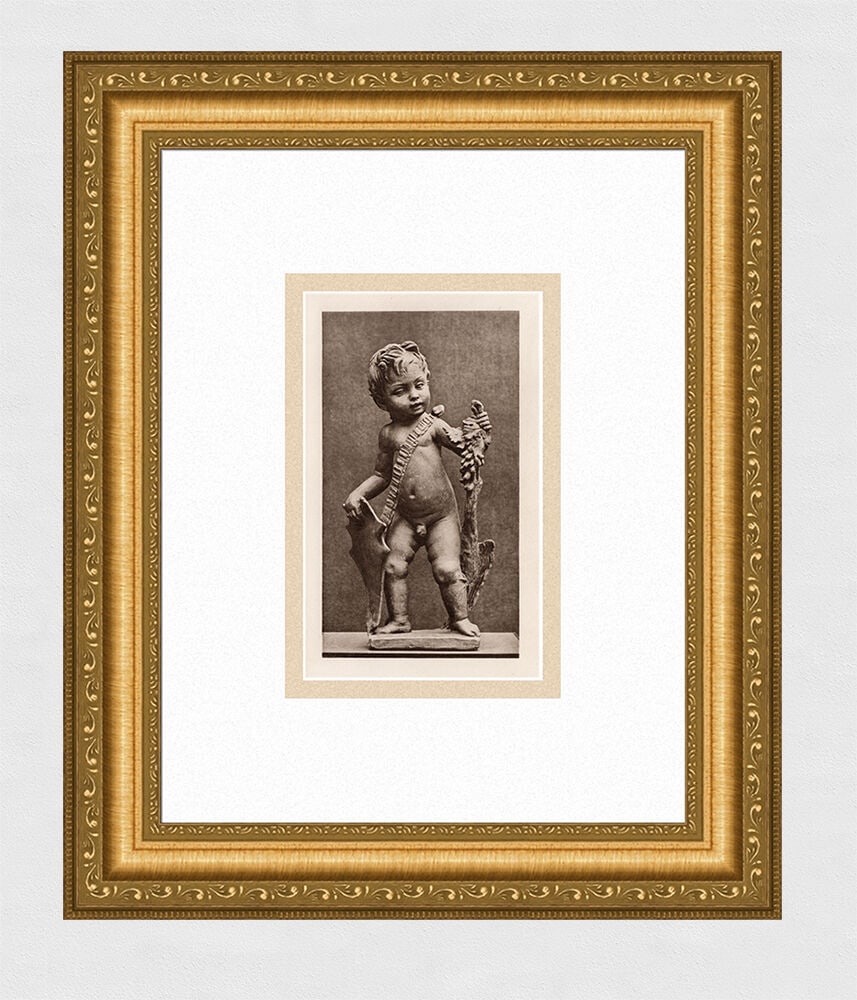 1886 Simone Ferrucci Classical Boy with a Shield Print Framed: Simone Ferrucci. Italian Terracotta, Boy with a Shield. Antique Heliogravure on wove paper after the original statue by a Master Engraver. 1886. Image Size 4 3/4 x 7 1/2 inches. Framed dimensions: App