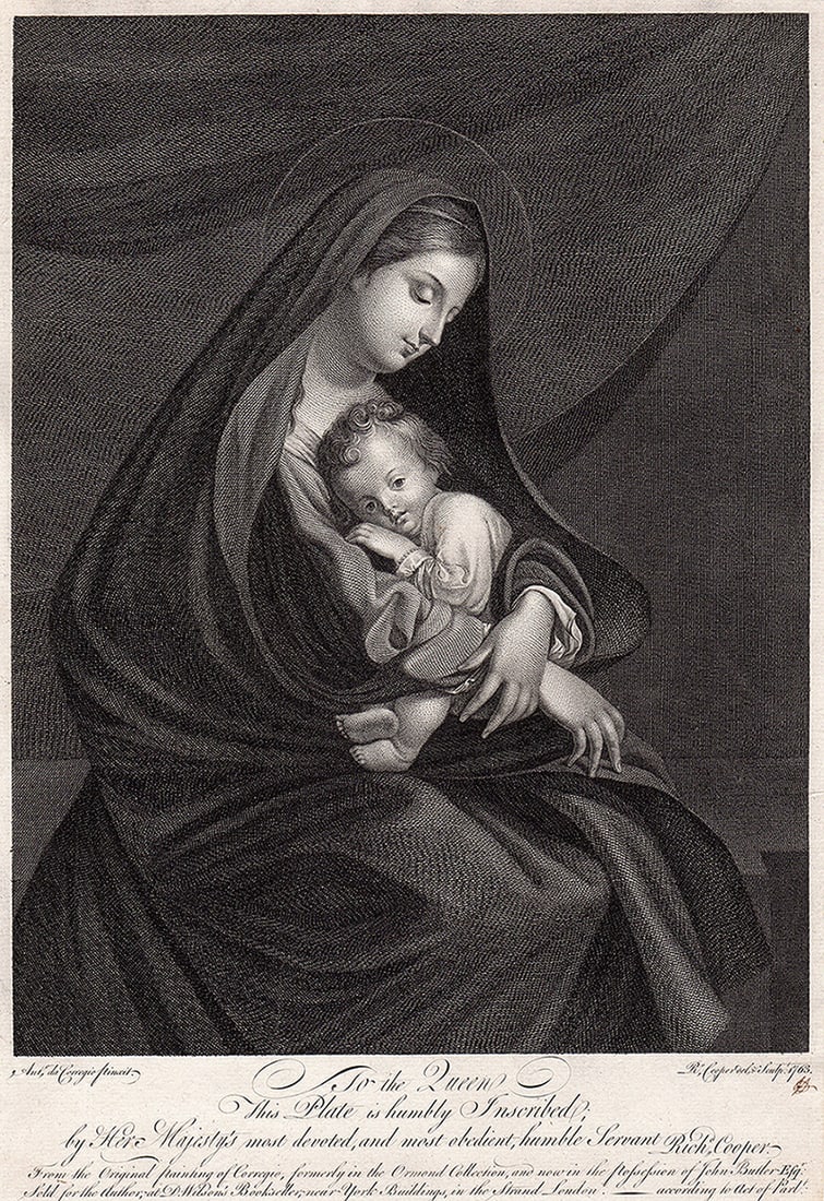 RARE 1763 Correggio Virgin and Child Religious Etching with Engraving Framed: Antonio Correggio (1489 - 1534). Virgin and Child. Antique etching and engraving on laid paper after the original by master etcher/engraver Richard Cooper II (c. 1740 - 1814). Year: 1763. Signed in th