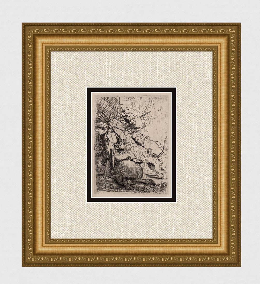 1800s REMBRANDT B116 The Small Lion Hunt DURAND: After Rembrandt Harmenszoon Van Rijn (1606-1669). Title: The Small Lion: With One Lion. Medium: Antique hand pulled copper plate etching on laid paper after the original by master etcher Amand Durand