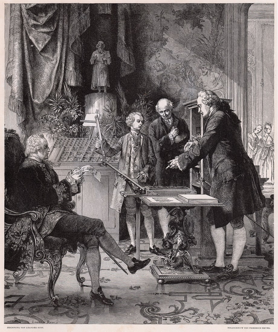 1887 Leander Russ Kaiser Josef's II woodcut signed: Leander Russ. (Austrian 1809-1864). Episode aus Jugend Kaiser Josef's II (Wiener Künstler album). Antique woodcut on wove paper after the original drawing by Friedrich von Exter (Austrian 1820-1860).