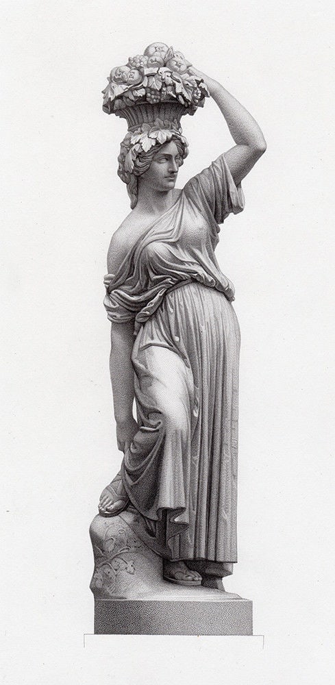 Emil Wolff The Fruit Gatherer 1857 engraving: Emil Wolff. (German, 1802-1879). The Fruit Gatherer. Antique engraving on wove paper after the original statue by master engraver Edwin Roffe (British, c. 1825-1891). 1857. Excellent. Image Size 3 1/4