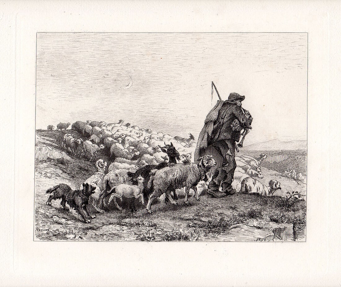 Paul Vayson Return of the Flock to Provence 1882 etching: Paul Vayson. (1841-1911). "Return of the Flock to Provence". Copper plate Etching on thick laid paper. 1882. Signed in the plate. Excellent. Framed dimensions approximately 16 x 18 inches. This artwor