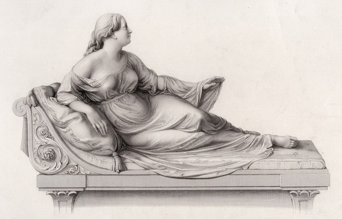 1800s Peter Hollins Engraving The Monument to Mrs. Thompson FRAMED: Peter Hollins (British, 1800 – 1886). The Monument to Mrs.Thompson. Antique engraving on wove paper after the original marble statue by master engraver Richard Austin Artlett (British, 1807-1873). Y