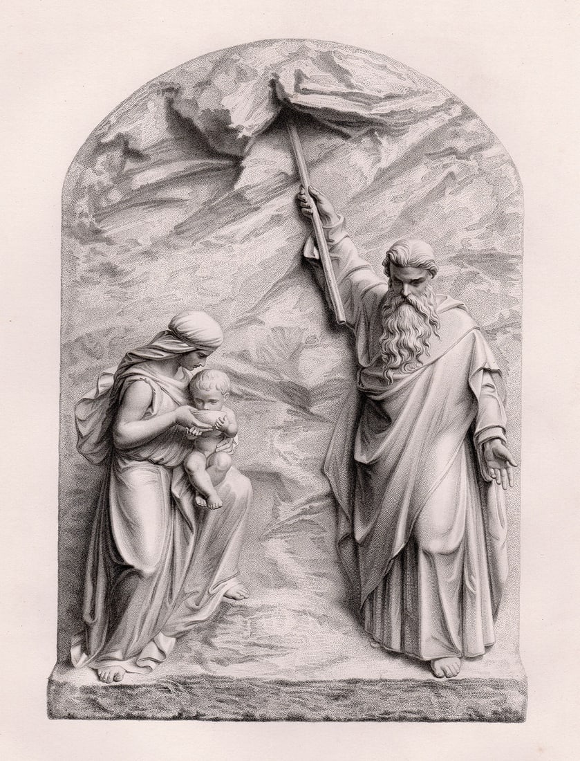 Joseph Durham Striking the Rock 1869 engraving: Joseph Durham. (English,1814-1877). Striking the Rock. Antique engraving on wove paper after the original Bronze Fountain at Guildhall by master engraver William Roffe. 1869. Excellent. Image Size 6 x