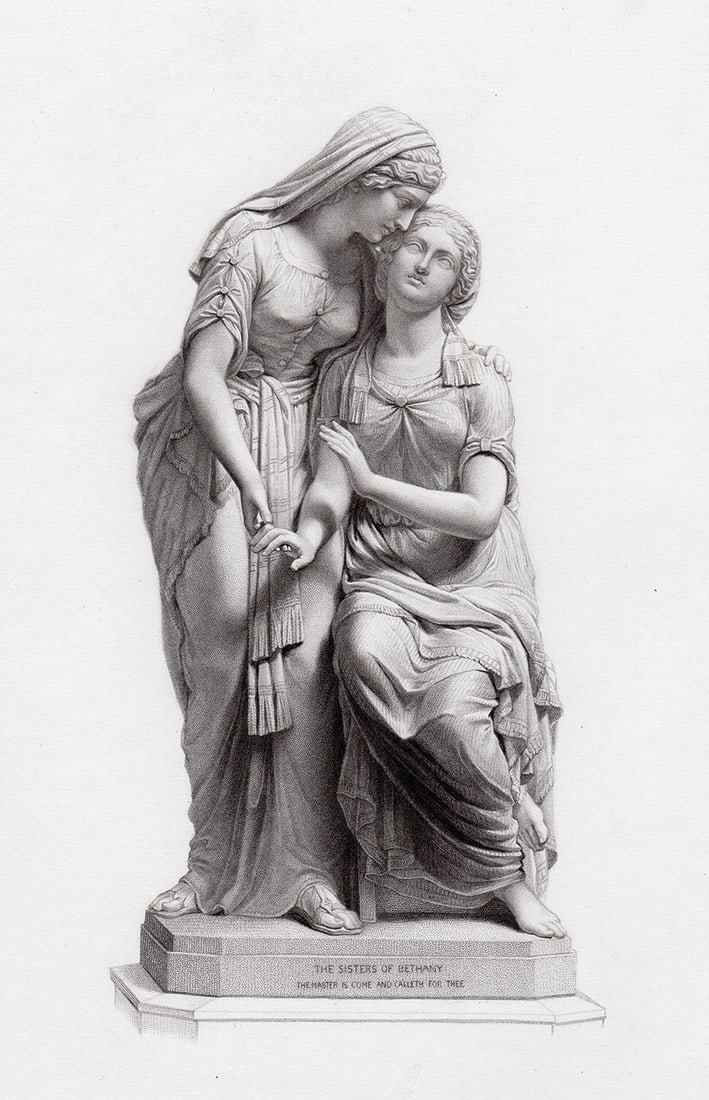 John Warrington Wood The Sisters of Bethany 1875 engraving: John Warrington Wood. (1839-1886). The Sisters of Bethany. Antique Engraving on wove paper after the original marble statue by master engraver H. C. Balding (19th century). 1875. Excellent. Image Size