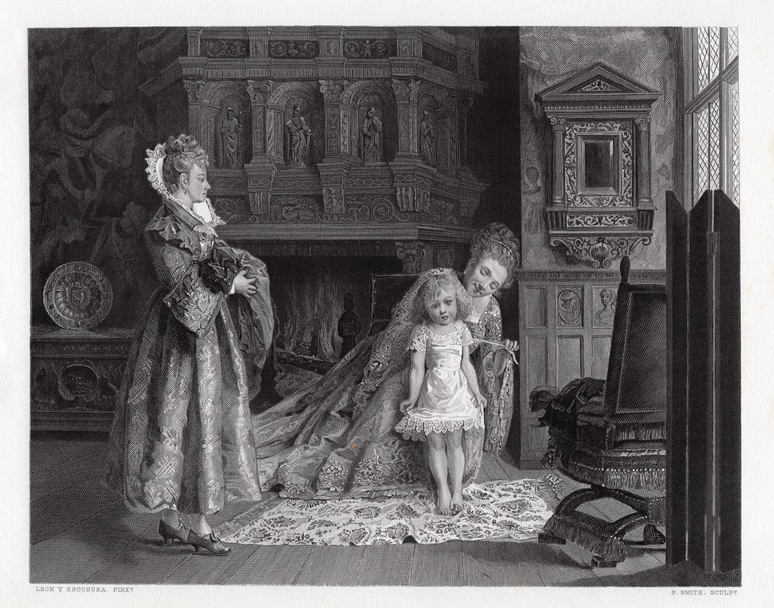 Ignacio de Leon y Escosura The Toilet of the Young Princess engraving signed: Ignacio de Leon y Escosura. (1834 - 1901). The Toilet of the Young Princess. Antique steel engraving on wove paper after the original by master engraver S. Smith. 1878. Signed in the plate. Excellent.