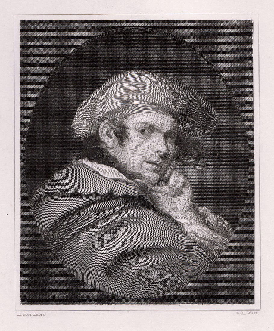 1834 John Hamilton Mortimer Portrait in Character engraving signed: John Hamilton Mortimer. (British, 1740-1779). Portrait in Character. Antique steel engraving on wove paper after the original oil on canvas by master engraver W. H. Watt. 1834. Signed in the plate. Ex
