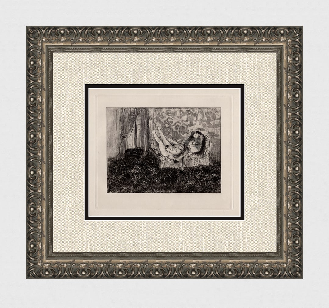 Edgar DEGAS 1938 Limited Edition Sieste du Salon Etching Framed: Edgar Degas (1834 - 1917). Sieste du Salon (Nap in the Salon) (from Mimes des Courtisan du Lucien). Hand pulled etching with aquatint after the monotype on Velin Rives paper by master etcher Maurice P