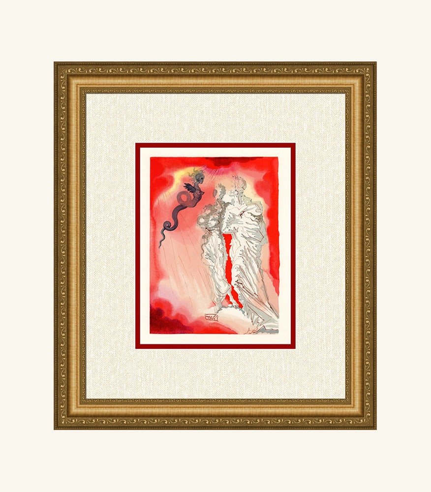 Salvador Dali Black Devil 1960 Woodcut Signed Framed: Salvador Dali. "The Black Devil" Enferno Chant 21. Authentic Original Color Woodcut from The Divine Comedy Printed in 1960 on B.F.K. Rives Paper ( this is not a reproduction, copy, or reprint, but the