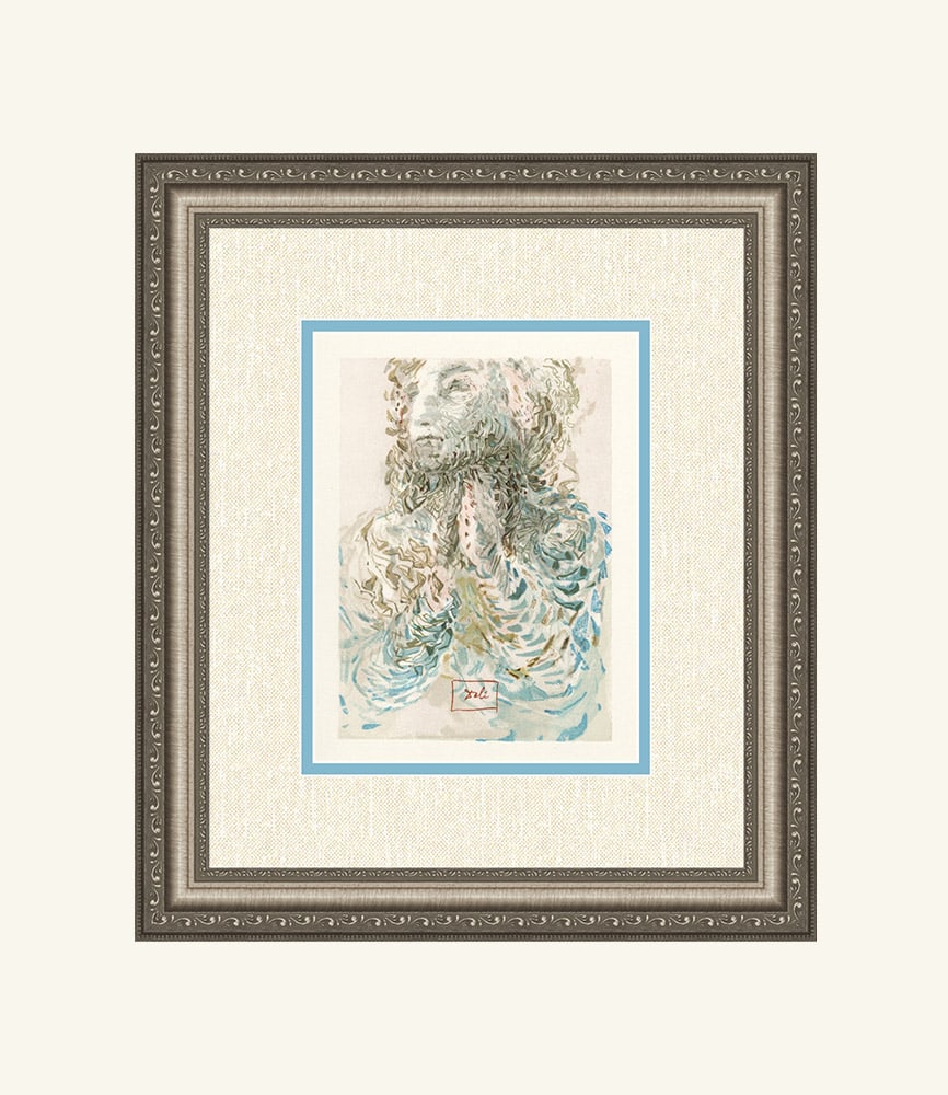 1960 Salvador Dali Authentic Divine Prayer Paradise Framed Signed: Salvador Dali. "The Divine Foreknowledge" Paradise Chant 17. Authentic Original Color Woodcut from The Divine Comedy Printed in 1960 on B.F.K. Rives Paper ( this is not a reproduction, copy, or reprin