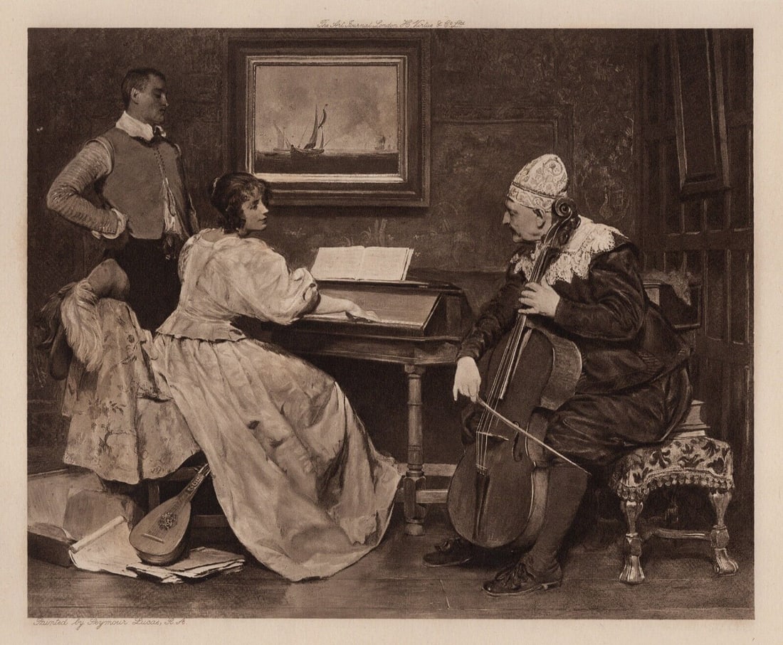 John Seymour Lucas Detailed Antique Print "The Musical Trio" Signed Framed: John Seymour Lucas (English, 1849 - 1923). Old Airs. Antique heliogravure on wove paper after the original by a Master Engraver. Year: 1901. Signed and Dated in the Plate. Image Size 7 1/4 x 8 3/4 inc