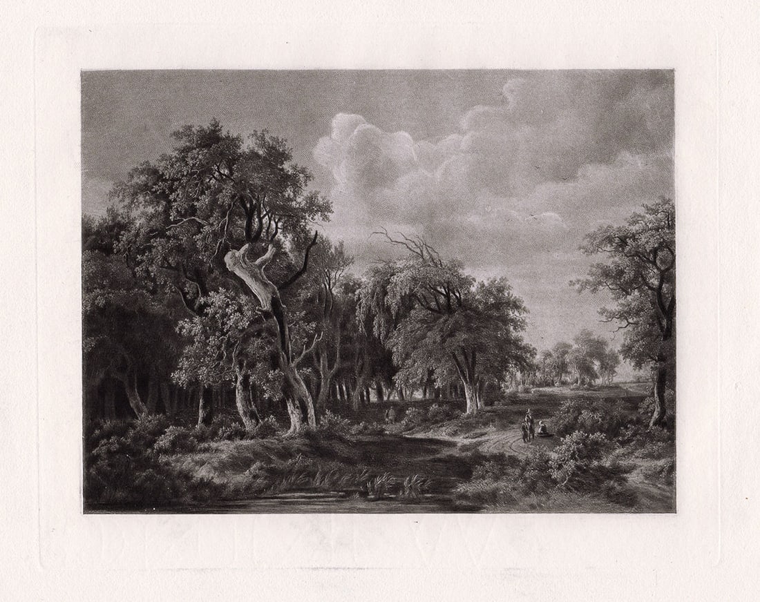 Meindert Hobbema Woodland Landscape 1885 print: Meindert Hobbema. (Dutch, baptized 1638-1709). Woodland Landscape. Antique Heliogravure on wove paper after the original oil on board by master engraver Boussod & Valadon. 1885. Excellent. Image Size