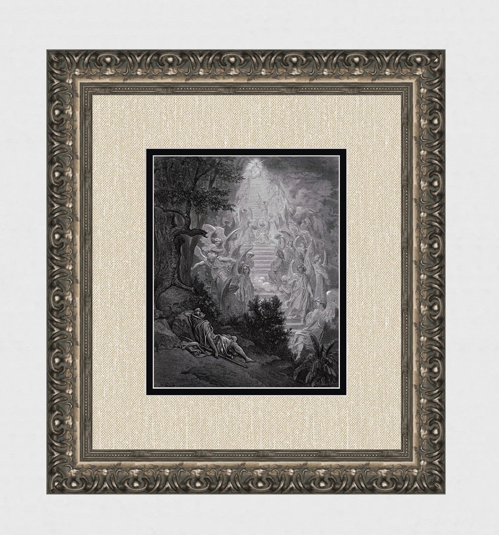 GUSTAVE DORE'S BIBLE 1800s Wood Engraving JACOB'S DREAM Framed SIGNED: Gustave Dore (Paul Gustave Louis Christophe Dore) (French, 1832-1883). Jacob's Dream (From Dore's Bible). Antique Wood Engraving on wove paper after the original by a master wood engraver John Quartle