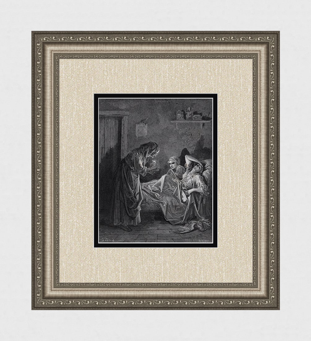 1800s DORE Fables Wood Engraving "Old Women & her Servants" FRAMED Signed: Gustave Dore (Paul Gustave Louis Christophe Dore) (French, 1832-1883). The Old Women And Her Servants (from The Fables of La Fontaine). Antique Wood Engraving on wove paper executed by master wood eng