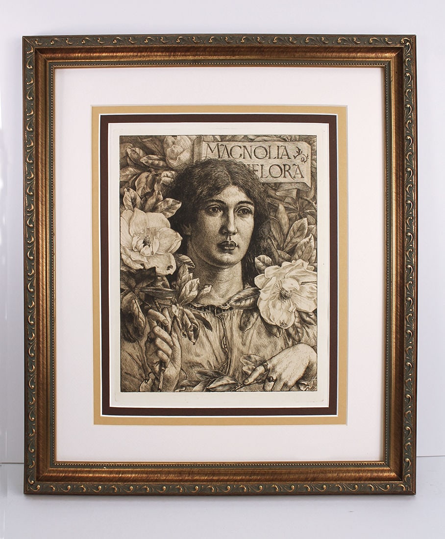 1885 Original etching George Woolliscroft Rhead Flower Garden Framed: George Woolliscroft Rhead. (G. W. Rhead) (British, 1855-1920). Magnolia Grandiflora. Original etching on thick laid paper. 1885. Excellent. Image size 8 5/8 x 11 inches. Approximately 16 x 19 inches.