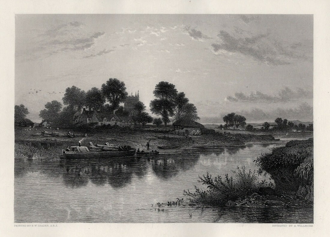 Benjamin Williams LEADER Engraving The Evening Hour Signed FRAMED COA: Benjamin Williams Leader (English, 1831 - 1923). The Evening Hour. Antique engraving on wove paper after the original by master engraver Arthur Willmore (British, 1814 - 1888). Signed in the plate. Ye