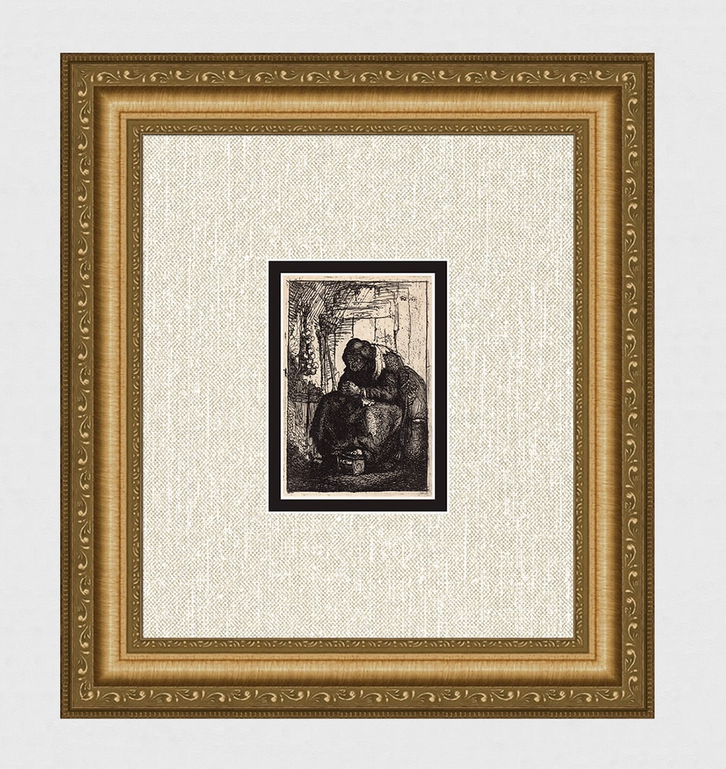 REMBRANDT SIGNED 1800S Etching B134 Old Woman with Onions DURAND: After Rembrandt Harmenszoon Van Rijn (1606-1669). Old Woman with a String of Onions. Antique hand pulled copper plate etching on laid paper after the original by master etcher Amand Durand (1831 - 190