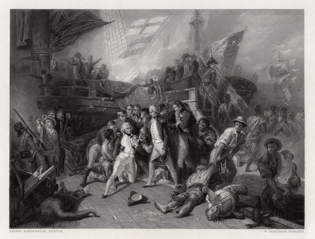 SIGNED Ernest Slingeneyer 1800s Engraving Lord Nelson's Death FRAMED: Ernest Slingeneyer (Belgian, 1820-1894). The Death of Nelson. Antique engraving on wove paper after the original by master engraver William Greatbach (British, 1802-1894). Signed in the plate. Year: 1