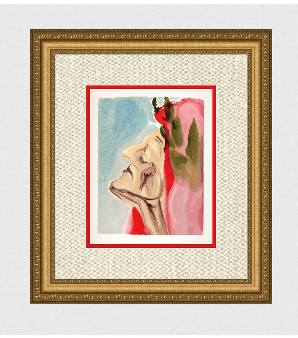 1960 Salvador Dali New Doubt Authentic Woodcut: Salvador Dali. (1904-1989). "Dante's New Doubt" Paradise Canto 7. Authentic Original Color Woodcut from The Divine Comedy Printed in 1960 on B.F.K. Rives Paper ( this is not a reproduction, copy, or r