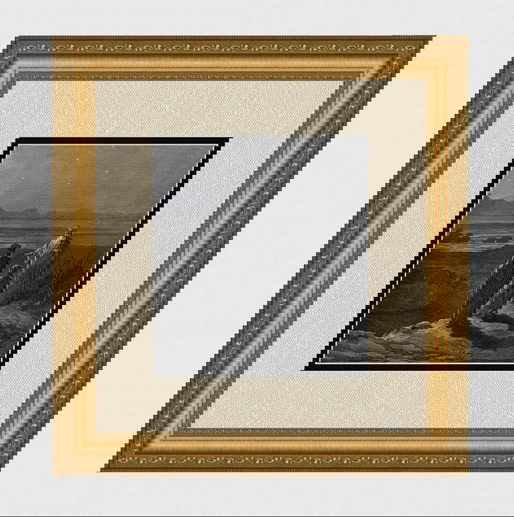 1800s GUSTAVE DORE Divine Comedy Woodcut "The Poet meets Cato" FRAMED Signed: Gustave Dore (Paul Gustave Louis Christophe Dore) (French, 1832-1883). Chant 1 Dante, Virgil, and Cato of Utica (from Dante's Divine Comedy Purgatory). Antique woodcut on wove paper after the original