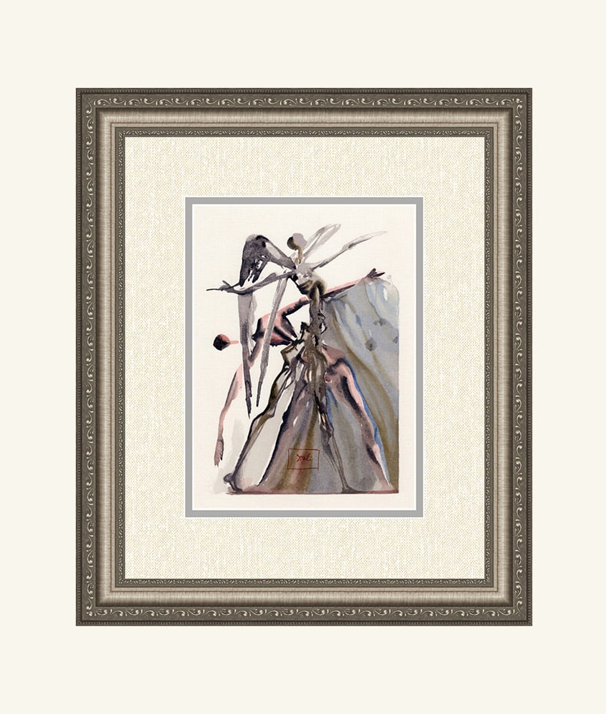 Dali 1960 Woodcut Signed Framed: Salvador Dali. "The Negligent Ones" Purgatory Chant 4. Authentic Original Color Woodcut from The Divine Comedy Printed in 1960 on B.F.K. Rives Paper ( this is not a reproduction, copy, or reprint, but