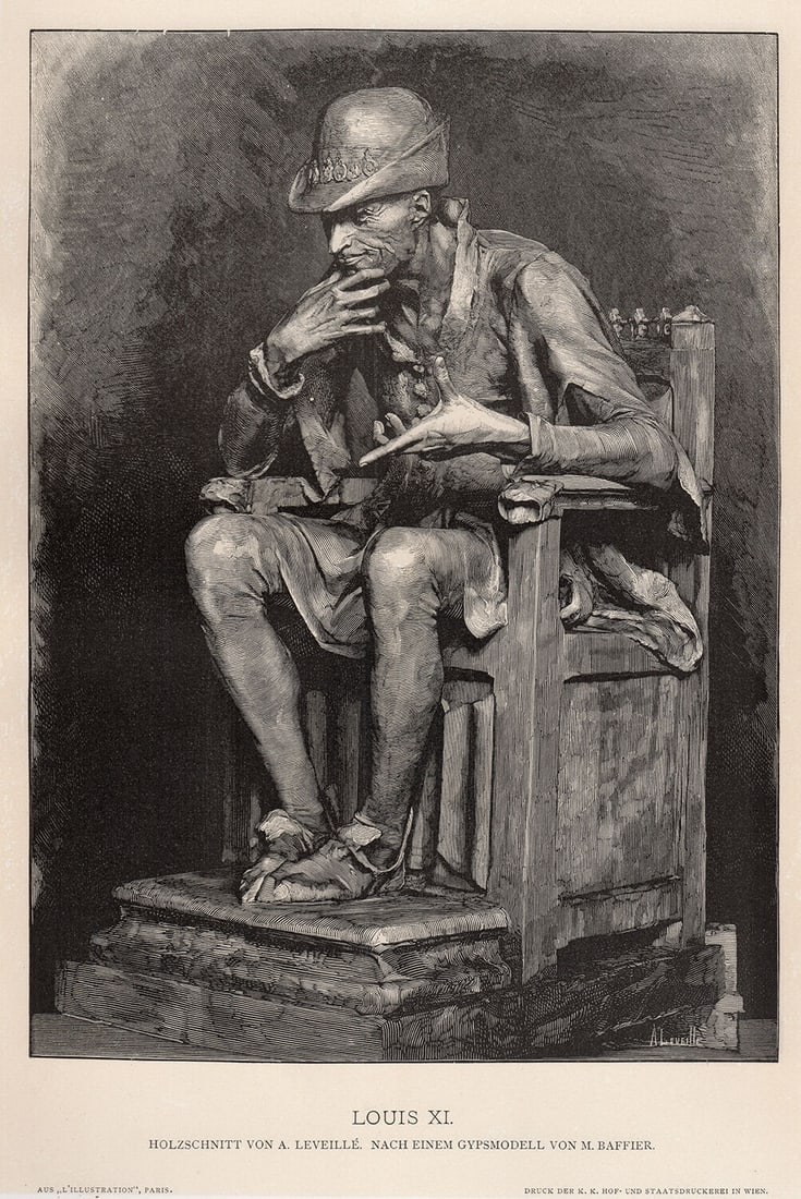 1887 Jean Baffier Louis XI woodcut signed: Jean Baffier. (French, 1851-1920). Louis XI. Antique woodcut on wove paper after the original sculpture by master wood engraver August Hilaire Leveille (French, 1840-1900). 1887. Signed in the Plate.