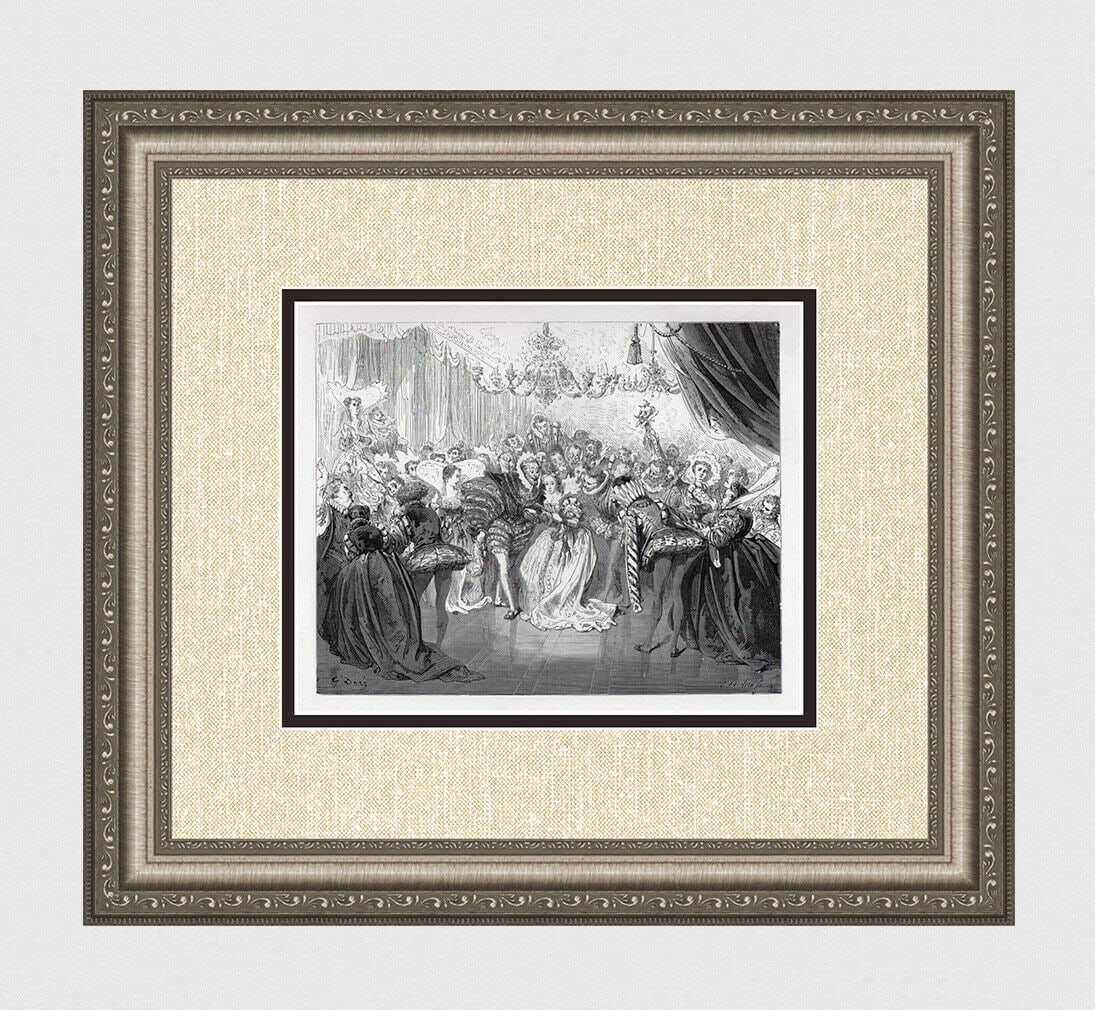 Gustave Dore Cinderella II 1880 Wood Engraving Signed: Gustave Dore. Cinderella II. Antique Wood Engraving on thick wove paper executed by master wood engraver Fagnon (19th century). 1880. Signed in the plate. Image size 7 5/8 x 9 5/8 inches. Framed dimen