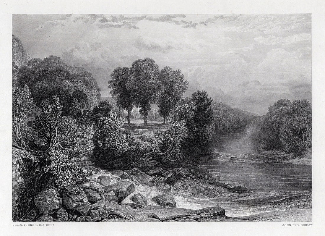 FRAMED 1800s William TURNER Engraving Junction of the Greta & Tees SIGNED: Joseph Mallord William Turner (English, 1775-1851). Junction of the Greta and Tees at Rokeby. Antique engraving on wove paper after the original by master engraver John Pye, the younger (British, 1782