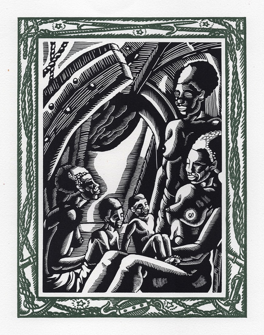1946 PATRICK DE MANCEAU Woodcut Women and Children Limited FRAMED: Patrick de Manceau (1901-1980). Woman and Children on the the San Dominick (from Benito Cereno). Vintage woodcut on Velin BFK Rives paper. Year: 1946. Numbered limited edition. This is one of 350 numb