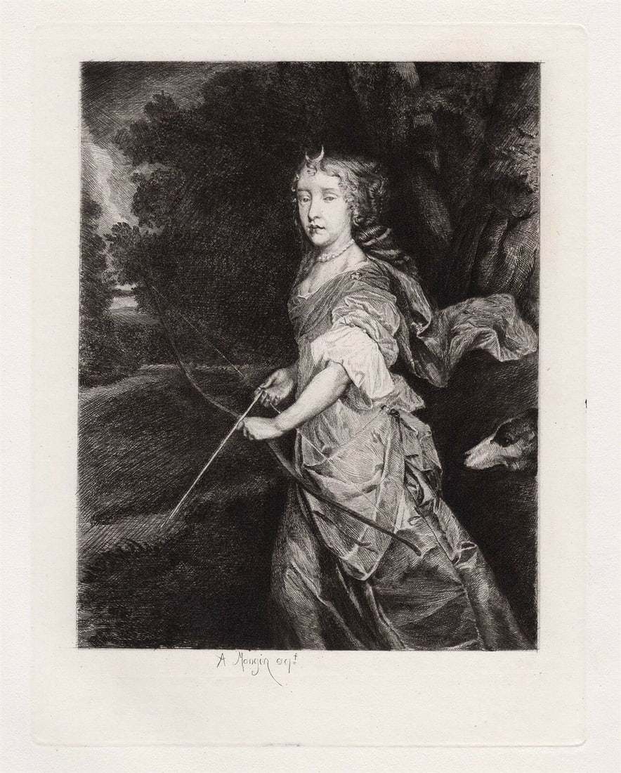 Sir Peter Lely 1877 etching Diana the Huntress signed Framed: Sir Peter Lely. (Dutch, 1618 - 1680). The Princess Mary (Mary II (1662-94), when Princess c.1672). Antique etching on thick laid paper after the original oil on canvas by master etcher Antoine Pierre