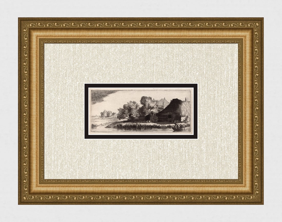 1800s REMBRANDT B249 Etching FARM LANDSCAPE Durand SIGNED Framed: After Rembrandt Harmenszoon Van Rijn (1606-1669). Cottage with a Square Chimney. Antique hand pulled copper plate etching on laid paper after the original by master etcher Amand Durand (1831 - 1905).