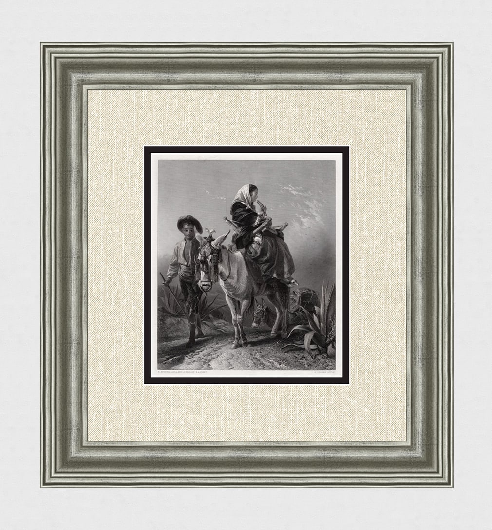 SIGNED 1800s Richard Ansdell & John Phillip Engraving Spanish Peasants FRAM: Richard Ansdell (English, 1815-1885) and John Phillip (British, 1817-1867). The Way-Side in Andalusia. Antique engraving on wove paper after the original Oil on canvas by master engraver Charles Cousi