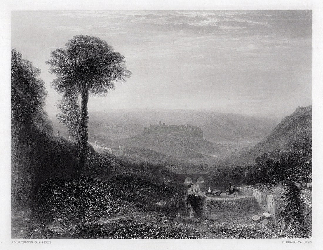 1800s JMW TURNER Engraving "View of Orvieto" FRAMED SIGNED: Joseph Mallord William Turner (English, 1775-1851). View Of Orvieto. Antique engraving on wove paper after the original by master engraver Samuel Bradshaw (British; 1832-1880 fl.). Year: 1864. Signed