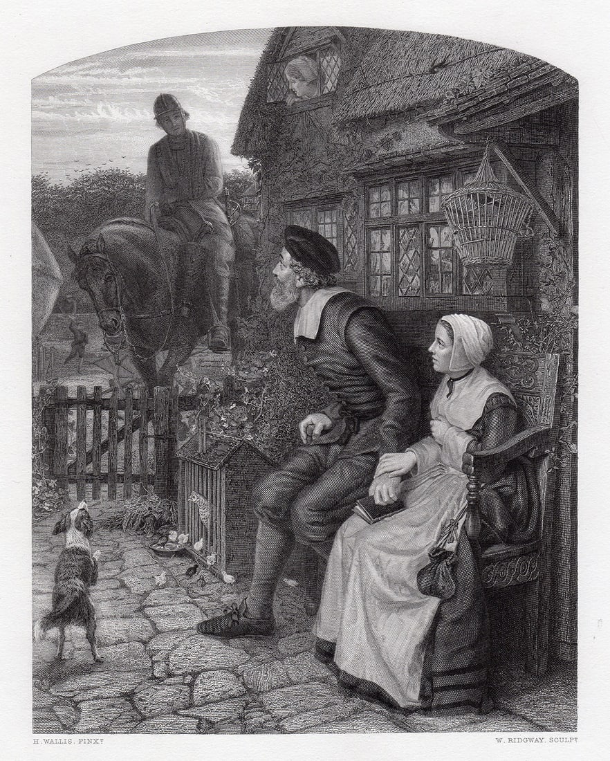 1875 Henry Wallis Back from Marston Moor engraving signed: Henry Wallis. (English,1830 - 1916). Back from Marston Moor. Antique Steel Engraving on wove paper after the original by master engraver William Ridgway (British, 1855 - 1885). 1875. Signed in the pla