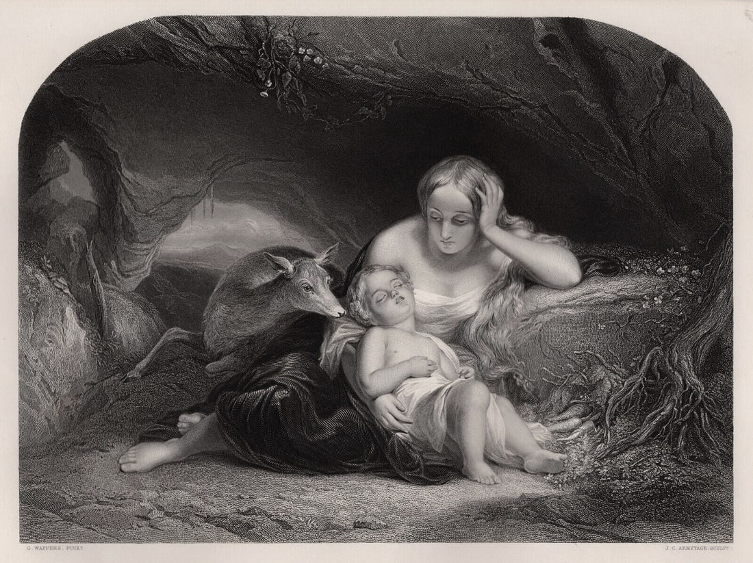 Gustave WAPPERS 1800s Engraving HEROINE GENEIEVE Framed SIGNED: Gustave Wappers (Belgian, 1803-1874). Genevieve of Brabant. Antique engraving on wove paper after the original by master engraver John Carr Armytage (British, 1802-1897). Year: 1856. Signed in the pla