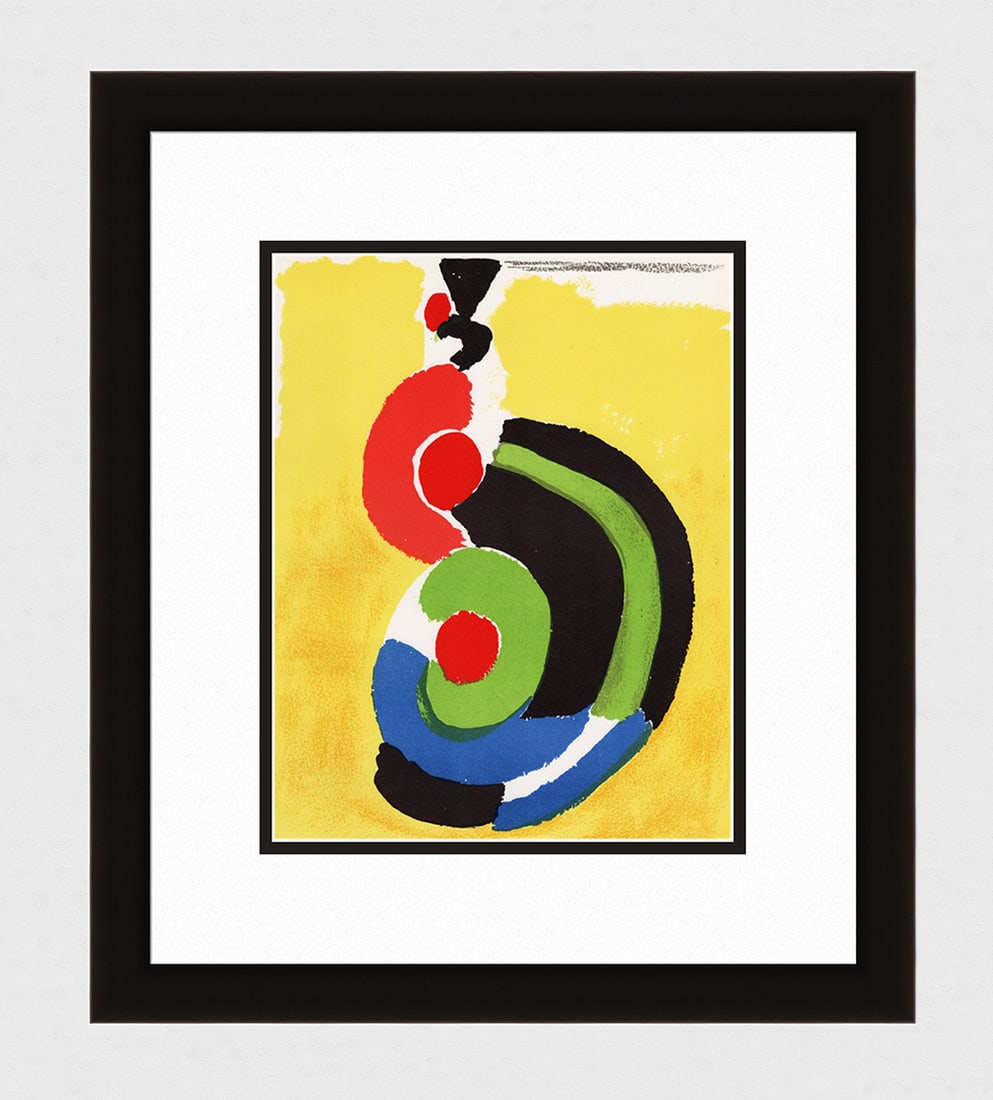 1972 Sonia Delaunay Danseus Espagnole Framed: Sonia Delaunay ( 1885 - 1971 ). Spanish Dancer (Danseuse Espagnole).Original lithograph in colours on wove paper. 1972. Dimensions: Sheet Size: 9 1/2 x 12 1/4 inches. Gallery Matted in a New Solid Woo