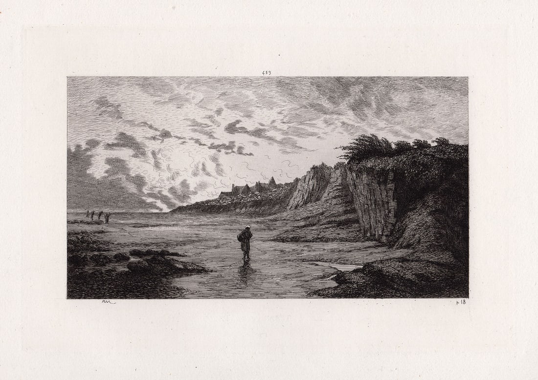 Antoine Chintreuil 1874 etching Low Tide signed: Antoine Chintreuil. (French, 1814-1873). Low Tide. Antique etching on thick laid paper after the original by master etcher Adolphe Theodore Jules Martial (French, 1827-1883). 1874. Signed in the plate